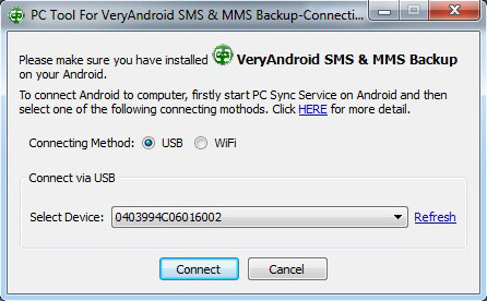 Connect Android to PC for SMS/MMS backup