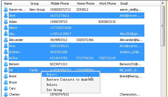 export certain android cotnacts to file