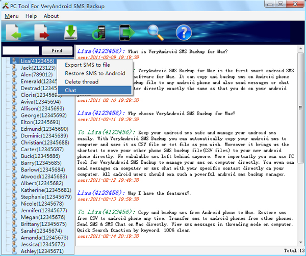 How to SMS chat on computer with PC Tool for VeryAndroid SMS Backup