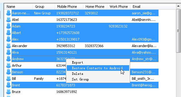 Transfer certain contacts from Blackberry to Android